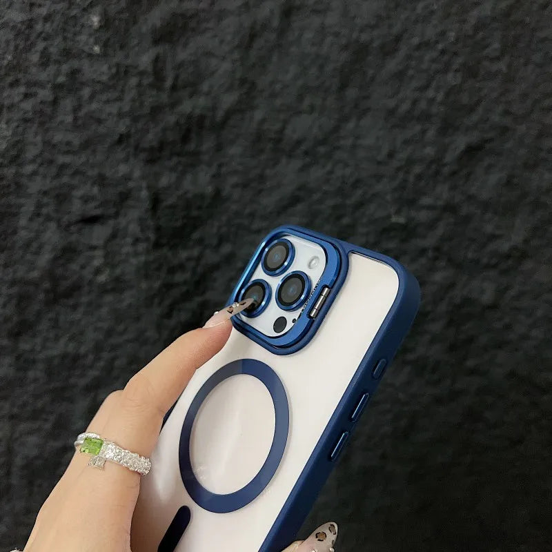 Luxury Magnetic Shockproof Phone Case For iPhone 15 14 13 12 11 16 17 Pro Max Plus 16E Funda Stand Glass Lens Protection Cover