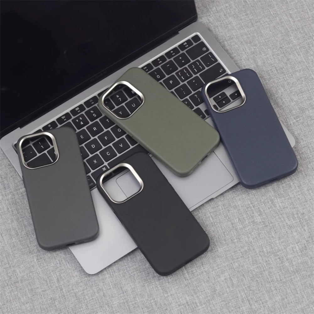 Luxury Alloy Lens Frame Particle PU Leather Magnetic Case For iPhone 17 16 Pro Max 15 14 13 For Magsafe Wireless Charging Cover