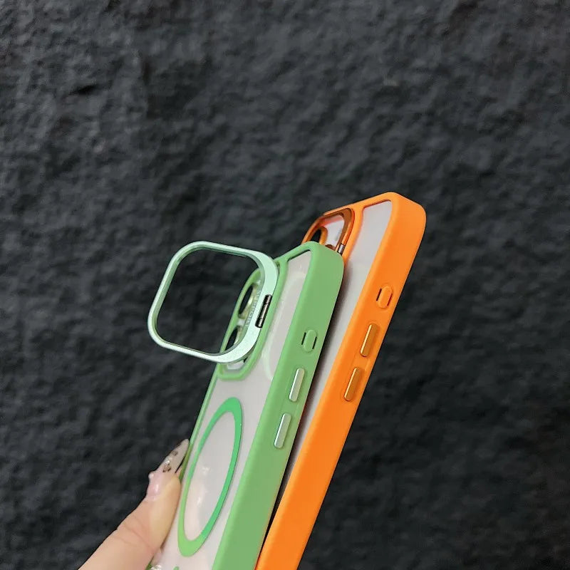 Luxury Magnetic Shockproof Phone Case For iPhone 15 14 13 12 11 16 17 Pro Max Plus 16E Funda Stand Glass Lens Protection Cover