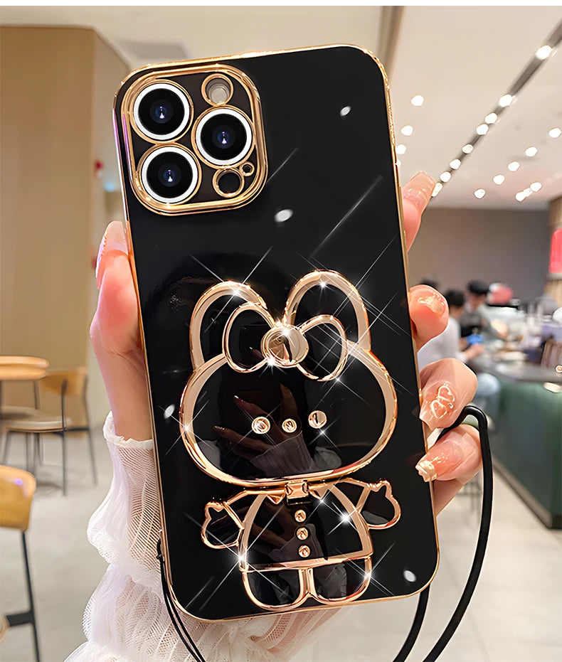 Mirror Rabbit Strap Plating Case For iPhone 14 11 12 13 Pro Max 13 12 Mini 11 12 13 14 7 6 6S Plus X Xr Xs Max SE 2020 Cover
