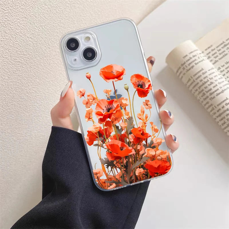 Poppy Flower Bloom Hot Red Clear Case For  iPhone 15 11 14 Pro Max 12 13 Pro Max Mini XS X XR SE 2020 7 8 Plus Transparent Cover