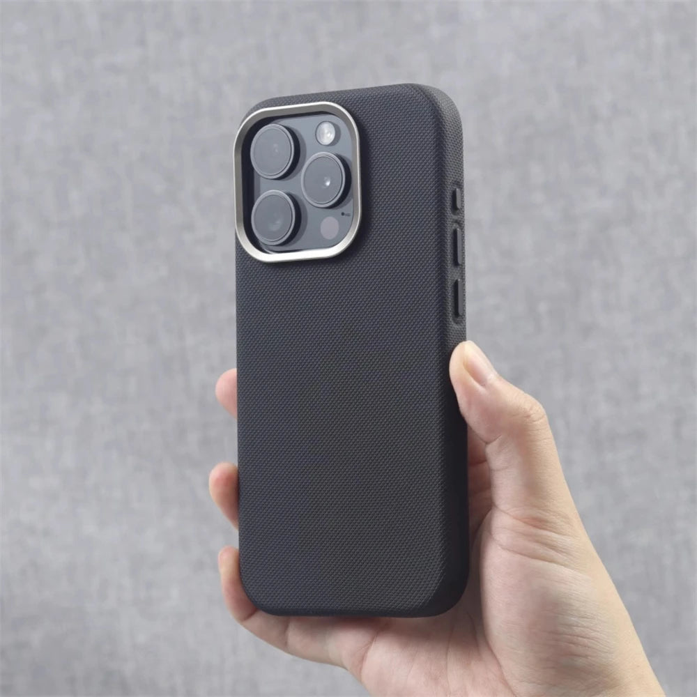 Luxury Alloy Lens Frame Particle PU Leather Magnetic Case For iPhone 17 16 Pro Max 15 14 13 For Magsafe Wireless Charging Cover