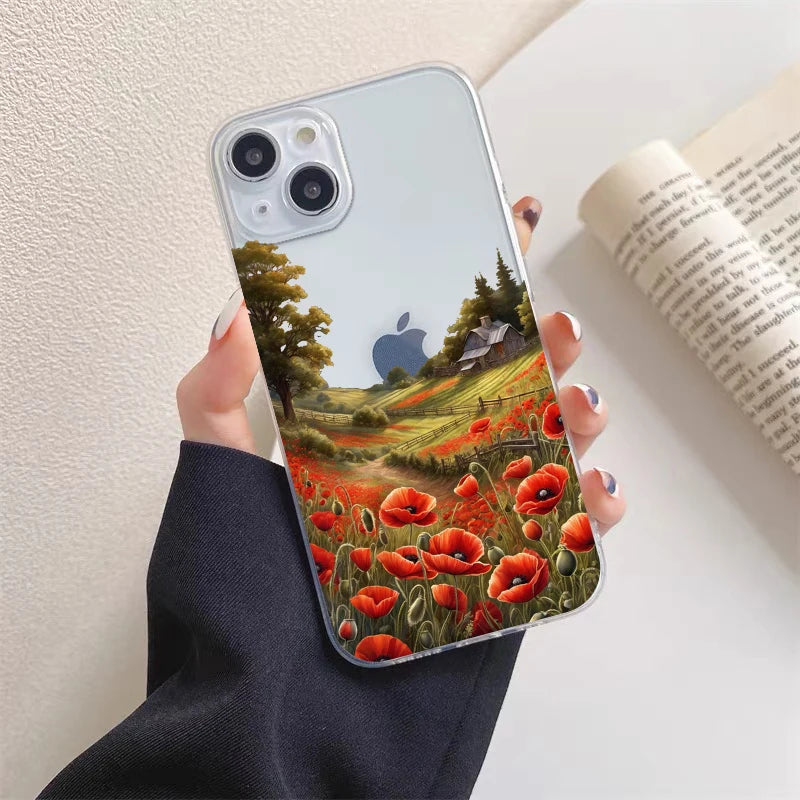 Poppy Flower Bloom Hot Red Clear Case For  iPhone 15 11 14 Pro Max 12 13 Pro Max Mini XS X XR SE 2020 7 8 Plus Transparent Cover
