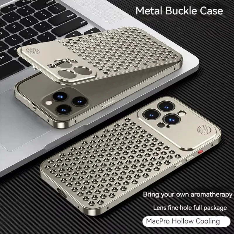 Metal aluminium Hollow Cooling Phone Case for iPhone 14 13 12 16 Pro Max 15 16 Plus Aromatherapy Diffuser Detachable Rear Cover