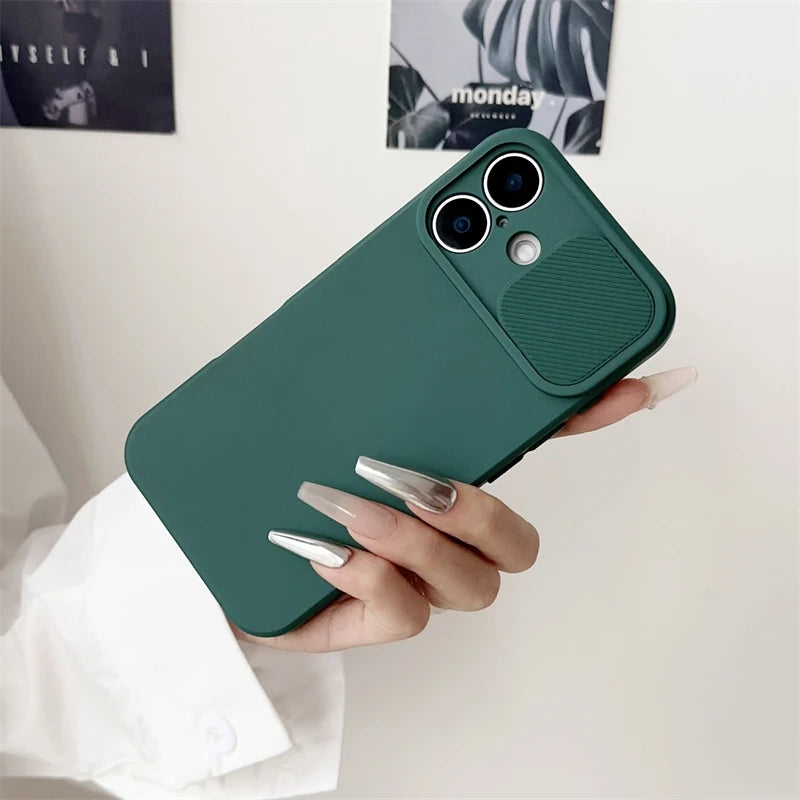 Slide Camera Lens Protection Case For iPhone 16 15 14 Plus 13 12 11 Pro X XS XR Max 8 7 Shockproof Bumper Soft Silicone Cover