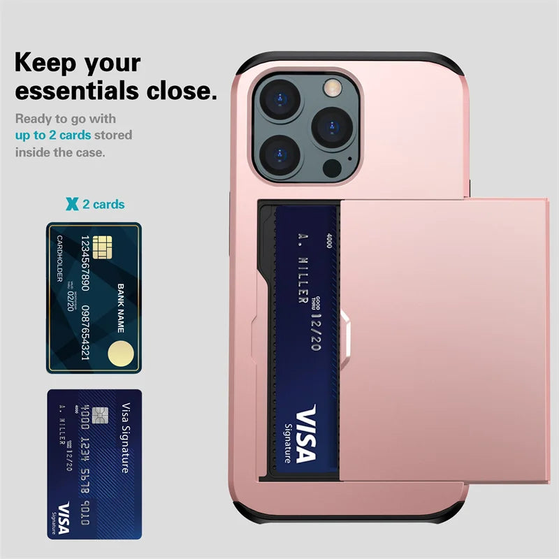 Case For iPhone 16e 15 14 13 12 11 16 Pro Max Mini XS XR 7 8 Plus SE Slide Wallet Card Slot Hard PC Heavy Duty Protective Cover