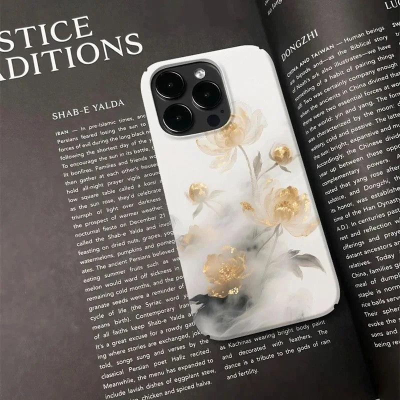 Elegant Golden Floral and Ink-style Pattern Phone Case for iPhone 17 16 15 14 11 12 13 Pro Max Air Plus Back Cover