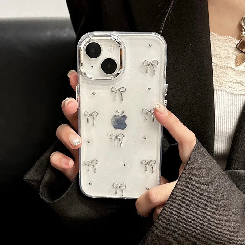 Cute 3D Metal Bowknot Star Phone Case For iPhone 15 Plus 11 12 13 14 Pro Max XR XS Max Epoxy Glitter Shell Girl Clear Soft Cover