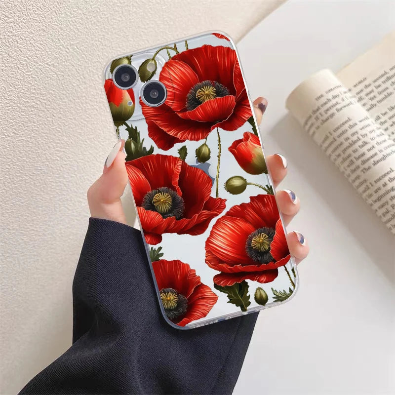 Poppy Flower Bloom Hot Red Clear Case For  iPhone 15 11 14 Pro Max 12 13 Pro Max Mini XS X XR SE 2020 7 8 Plus Transparent Cover