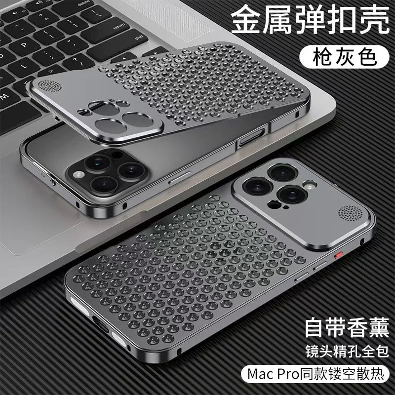 Metal aluminium Hollow Cooling Phone Case for iPhone 14 13 12 16 Pro Max 15 16 Plus Aromatherapy Diffuser Detachable Rear Cover