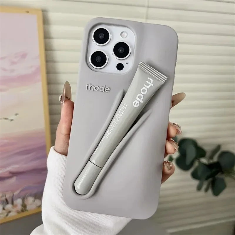 Lemontini Yellow Portable Lip Gloss Silicone Phone Case for IPhone 17 11 12 13 14 15 16 Pro Max Plus Lipstick Shockproof Cover