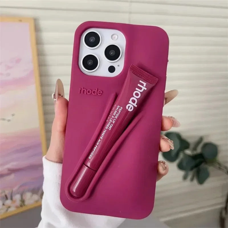 Lemontini Yellow Portable Lip Gloss Silicone Phone Case for IPhone 17 11 12 13 14 15 16 Pro Max Plus Lipstick Shockproof Cover