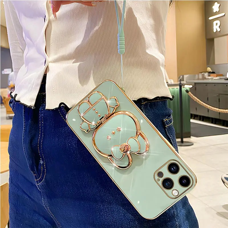 Mirror Rabbit Strap Plating Case For iPhone 14 11 12 13 Pro Max 13 12 Mini 11 12 13 14 7 6 6S Plus X Xr Xs Max SE 2020 Cover