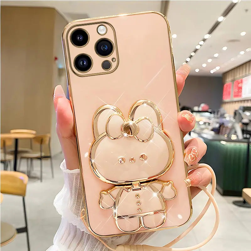 Mirror Rabbit Strap Plating Case For iPhone 14 11 12 13 Pro Max 13 12 Mini 11 12 13 14 7 6 6S Plus X Xr Xs Max SE 2020 Cover