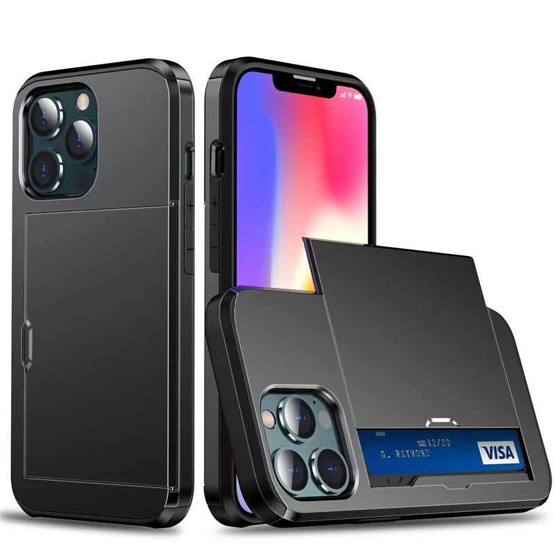 Case For iPhone 16e 15 14 13 12 11 16 Pro Max Mini XS XR 7 8 Plus SE Slide Wallet Card Slot Hard PC Heavy Duty Protective Cover