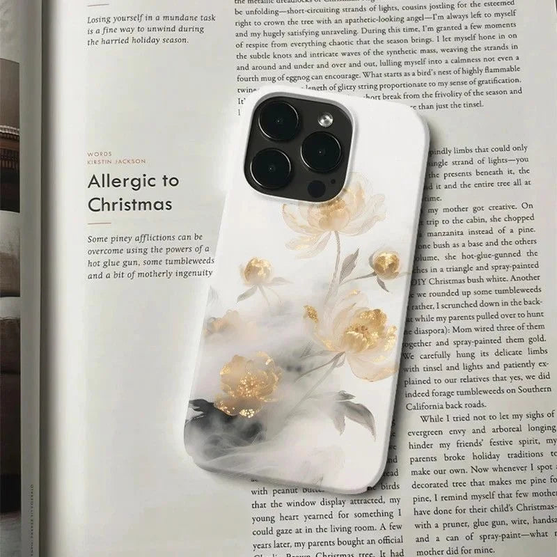 Elegant Golden Floral and Ink-style Pattern Phone Case for iPhone 17 16 15 14 11 12 13 Pro Max Air Plus Back Cover