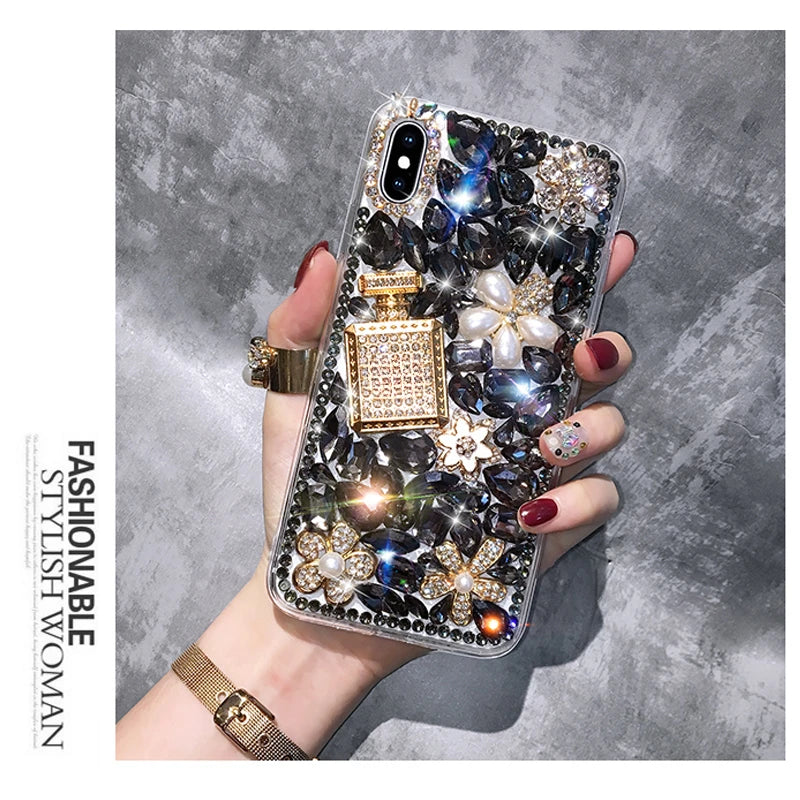 Luxury Bling Diamond Bottle Rhinestone Flower Case For Samsung A30 A50 A70S A22 A32 5G A52 A71 4G A51 A72 A73 A53 A33 Cover Case