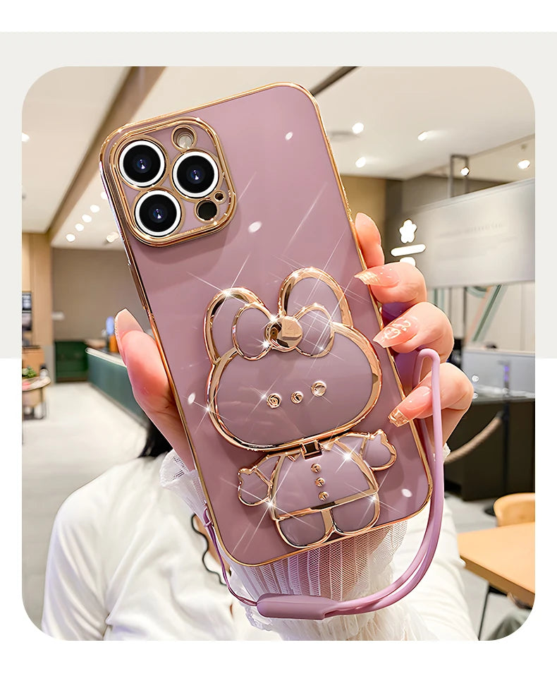 Mirror Rabbit Strap Plating Case For iPhone 14 11 12 13 Pro Max 13 12 Mini 11 12 13 14 7 6 6S Plus X Xr Xs Max SE 2020 Cover