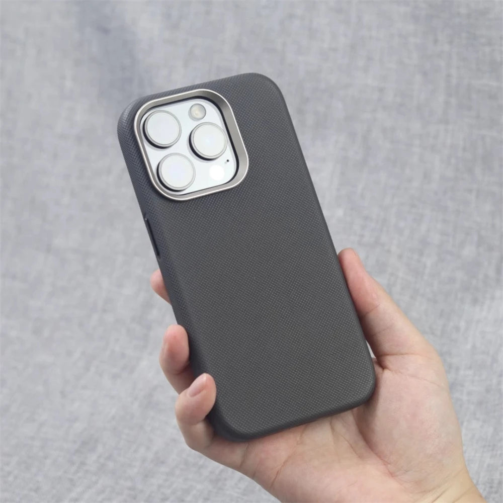 Luxury Alloy Lens Frame Particle PU Leather Magnetic Case For iPhone 17 16 Pro Max 15 14 13 For Magsafe Wireless Charging Cover