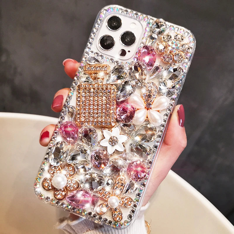 Luxury Bling Diamond Bottle Rhinestone Flower Case For Samsung A30 A50 A70S A22 A32 5G A52 A71 4G A51 A72 A73 A53 A33 Cover Case