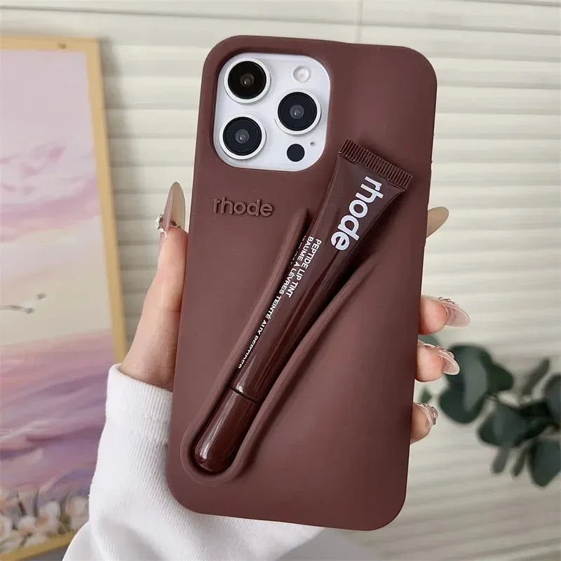 Lemontini Yellow Portable Lip Gloss Silicone Phone Case for IPhone 17 11 12 13 14 15 16 Pro Max Plus Lipstick Shockproof Cover﻿