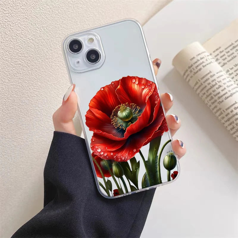 Poppy Flower Bloom Hot Red Clear Case For  iPhone 15 11 14 Pro Max 12 13 Pro Max Mini XS X XR SE 2020 7 8 Plus Transparent Cover