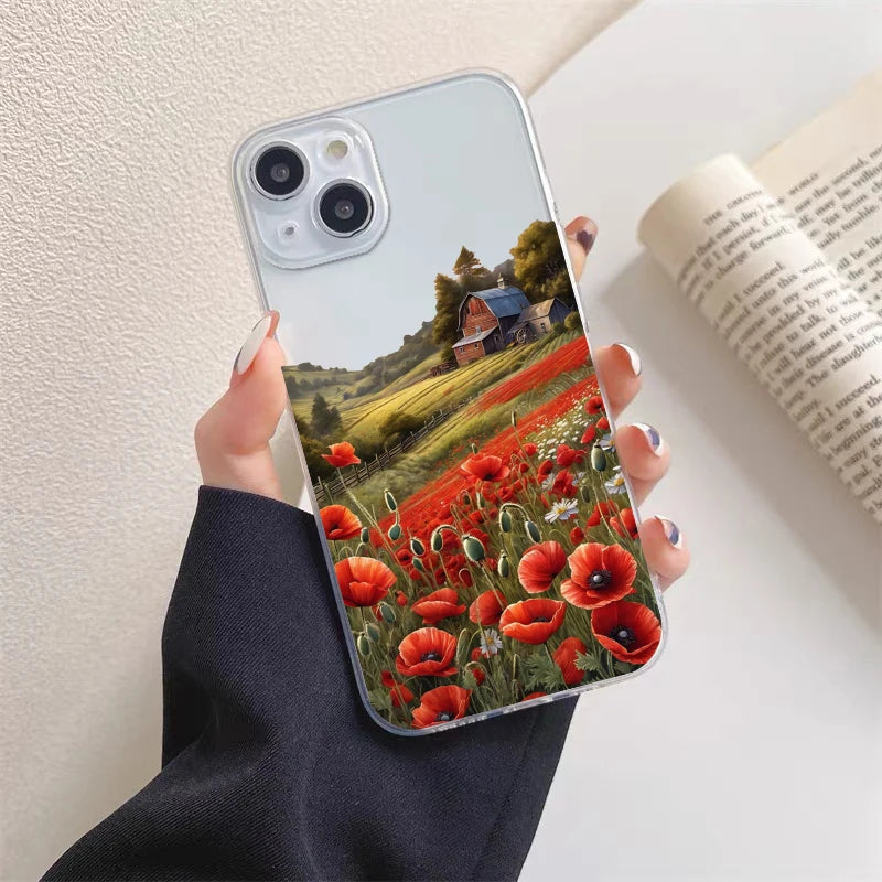 Poppy Flower Bloom Hot Red Clear Case For  iPhone 15 11 14 Pro Max 12 13 Pro Max Mini XS X XR SE 2020 7 8 Plus Transparent Cover