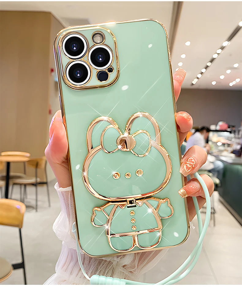Mirror Rabbit Strap Plating Case For iPhone 14 11 12 13 Pro Max 13 12 Mini 11 12 13 14 7 6 6S Plus X Xr Xs Max SE 2020 Cover