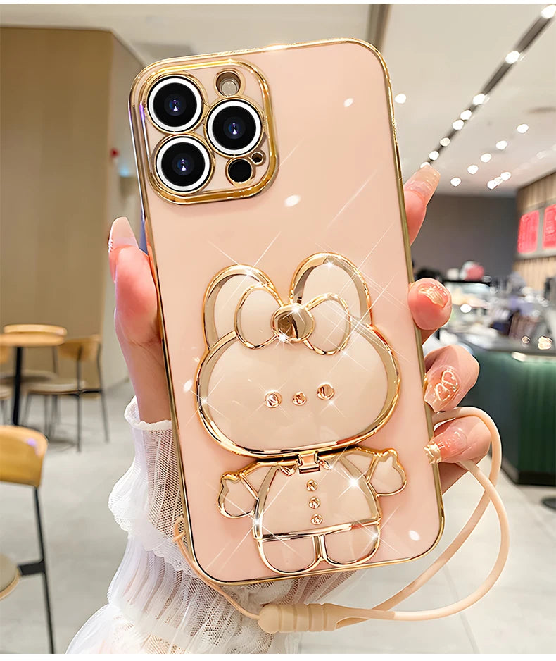Mirror Rabbit Strap Plating Case For iPhone 14 11 12 13 Pro Max 13 12 Mini 11 12 13 14 7 6 6S Plus X Xr Xs Max SE 2020 Cover