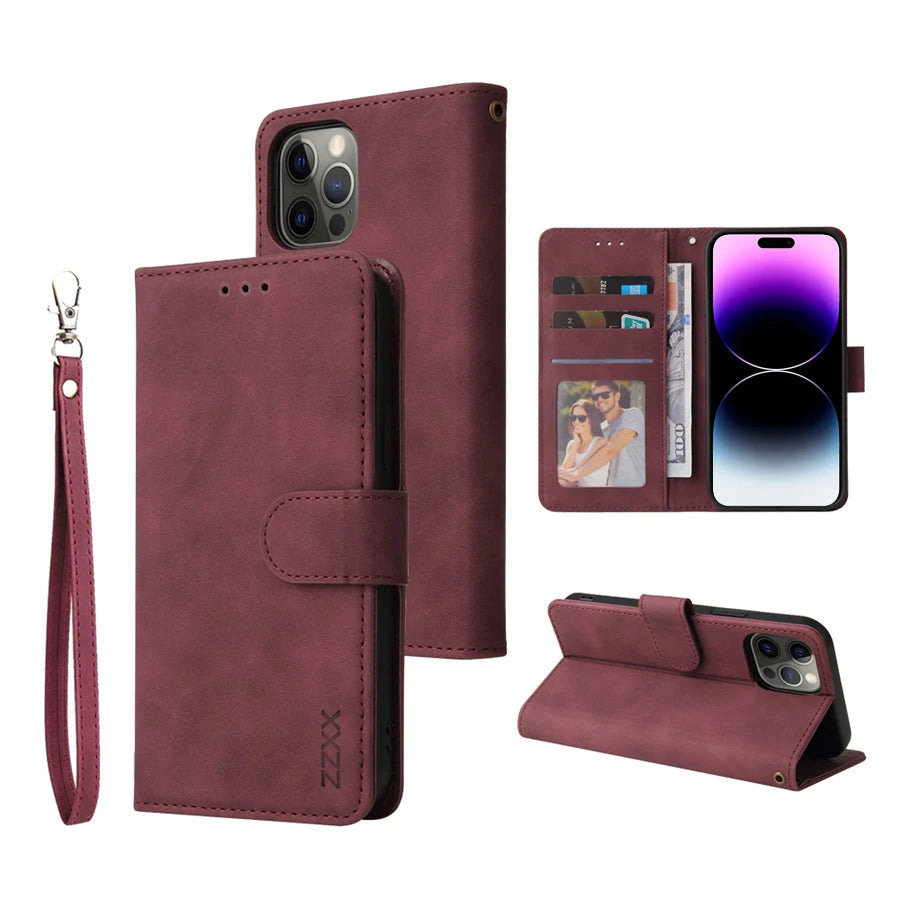 ZZXX Leather Wallet Phone Case For iPhone 16e 16 Pro Max 15 14 13 Mini 12 11 X XS XR SE2 8 7 6s Plus Flip Card Slot Holder Cover