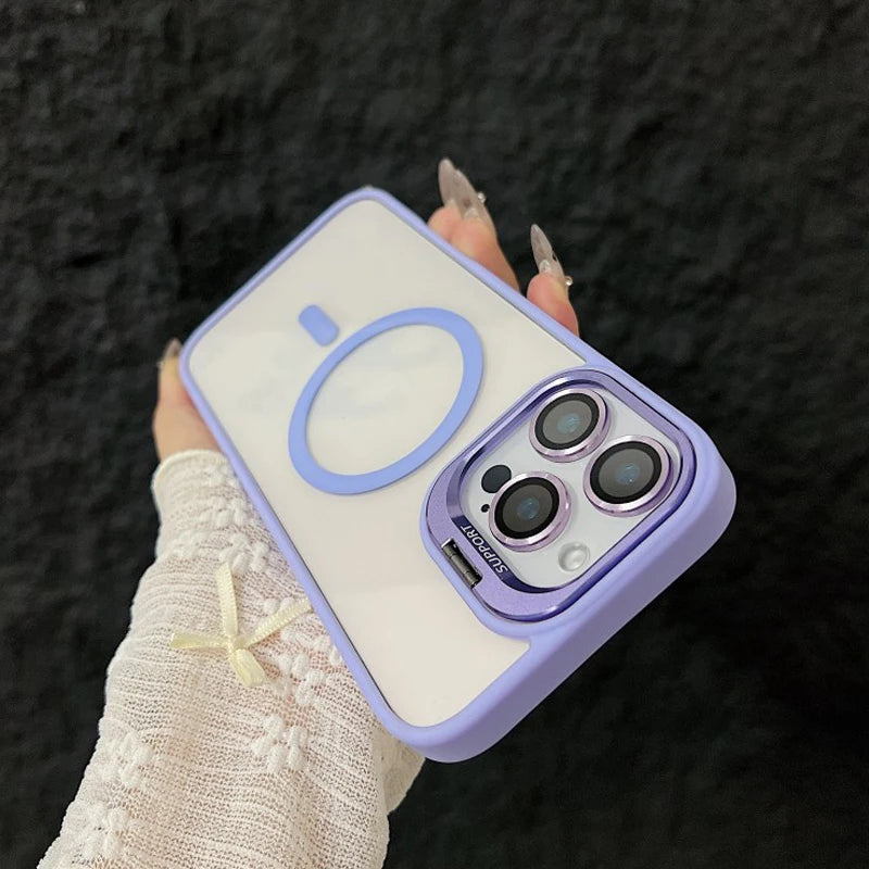 Luxury Magnetic Shockproof Phone Case For iPhone 15 14 13 12 11 16 17 Pro Max Plus 16E Funda Stand Glass Lens Protection Cover