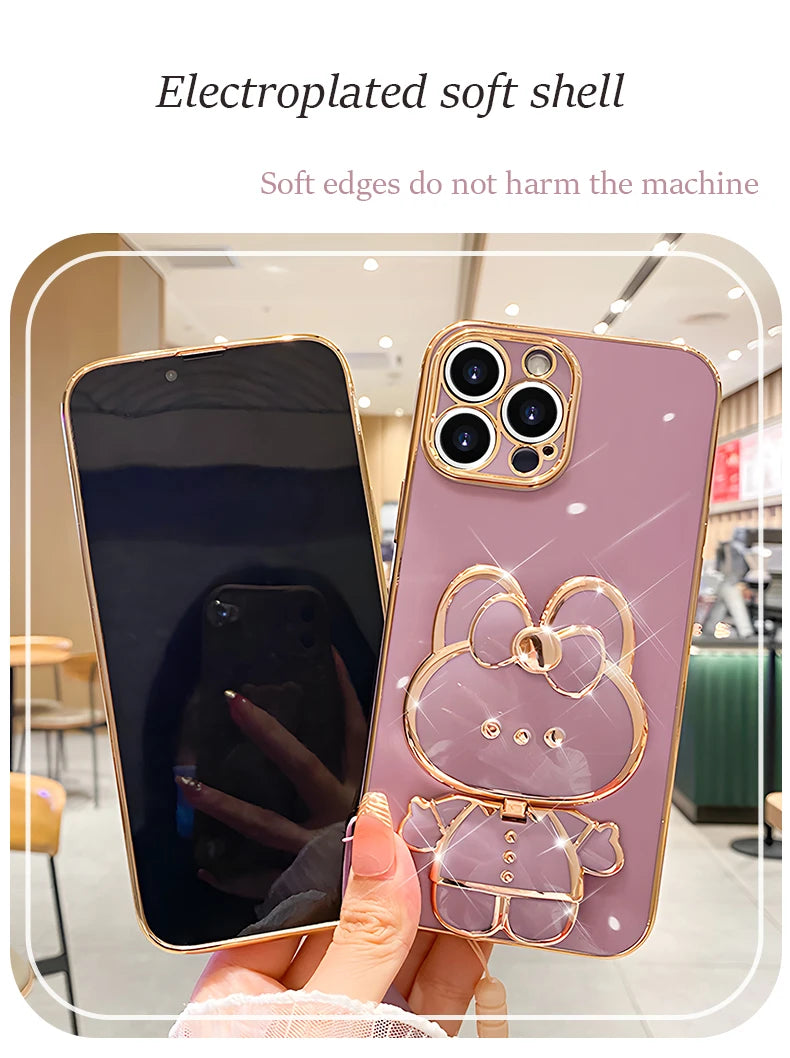 Mirror Rabbit Strap Plating Case For iPhone 14 11 12 13 Pro Max 13 12 Mini 11 12 13 14 7 6 6S Plus X Xr Xs Max SE 2020 Cover