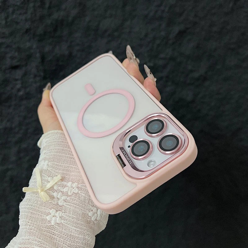 Luxury Magnetic Shockproof Phone Case For iPhone 15 14 13 12 11 16 17 Pro Max Plus 16E Funda Stand Glass Lens Protection Cover