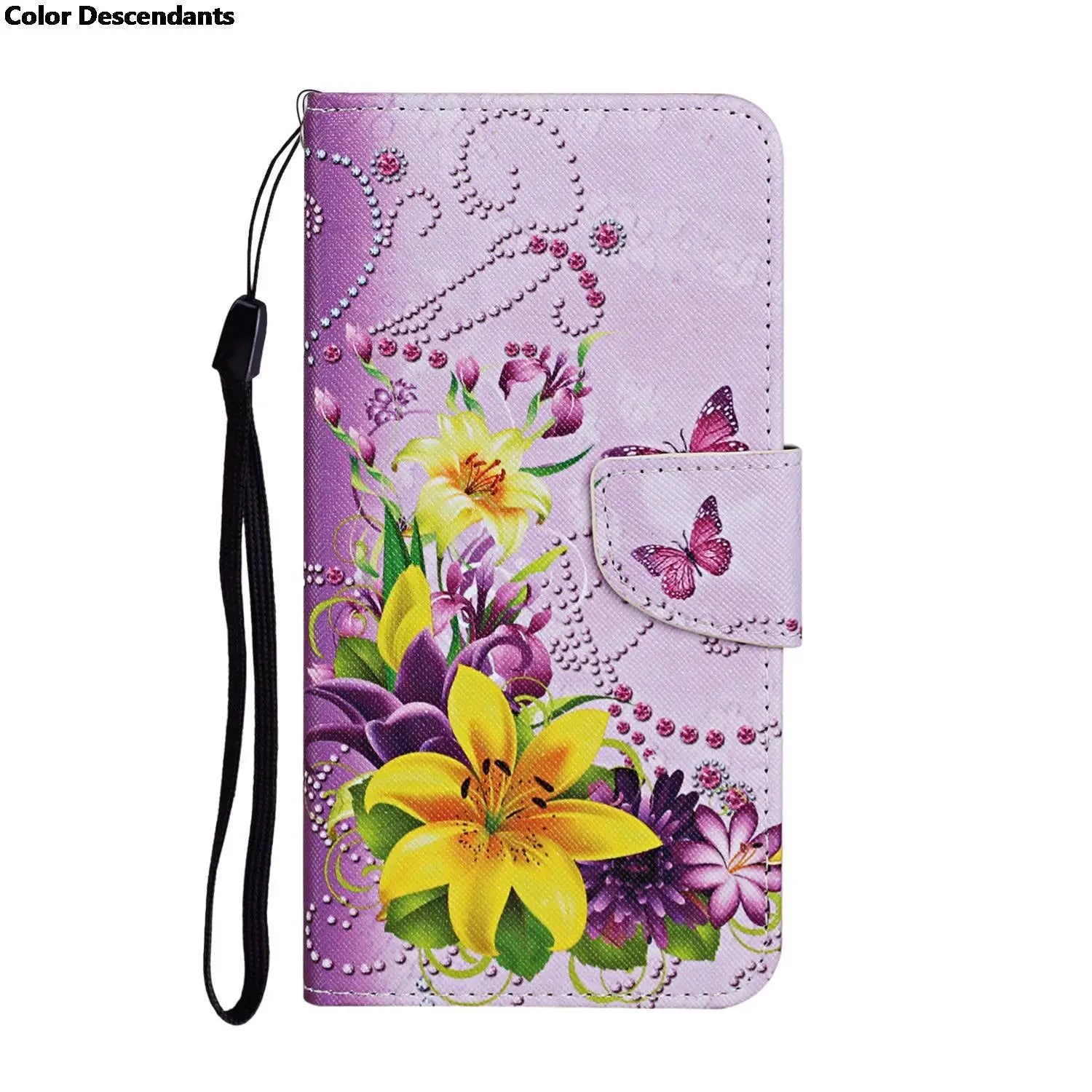 Painted Leather Case For iPhone 12 13 Pro Max mini SE 2020 15 Flip Wallet Card Slot Holder Phone Book Cover Flower Butterfly Cat