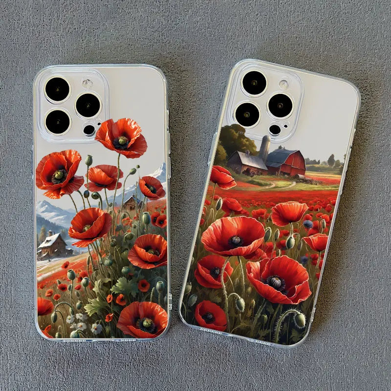 Poppy Flower Bloom Hot Red Clear Case For  iPhone 15 11 14 Pro Max 12 13 Pro Max Mini XS X XR SE 2020 7 8 Plus Transparent Cover