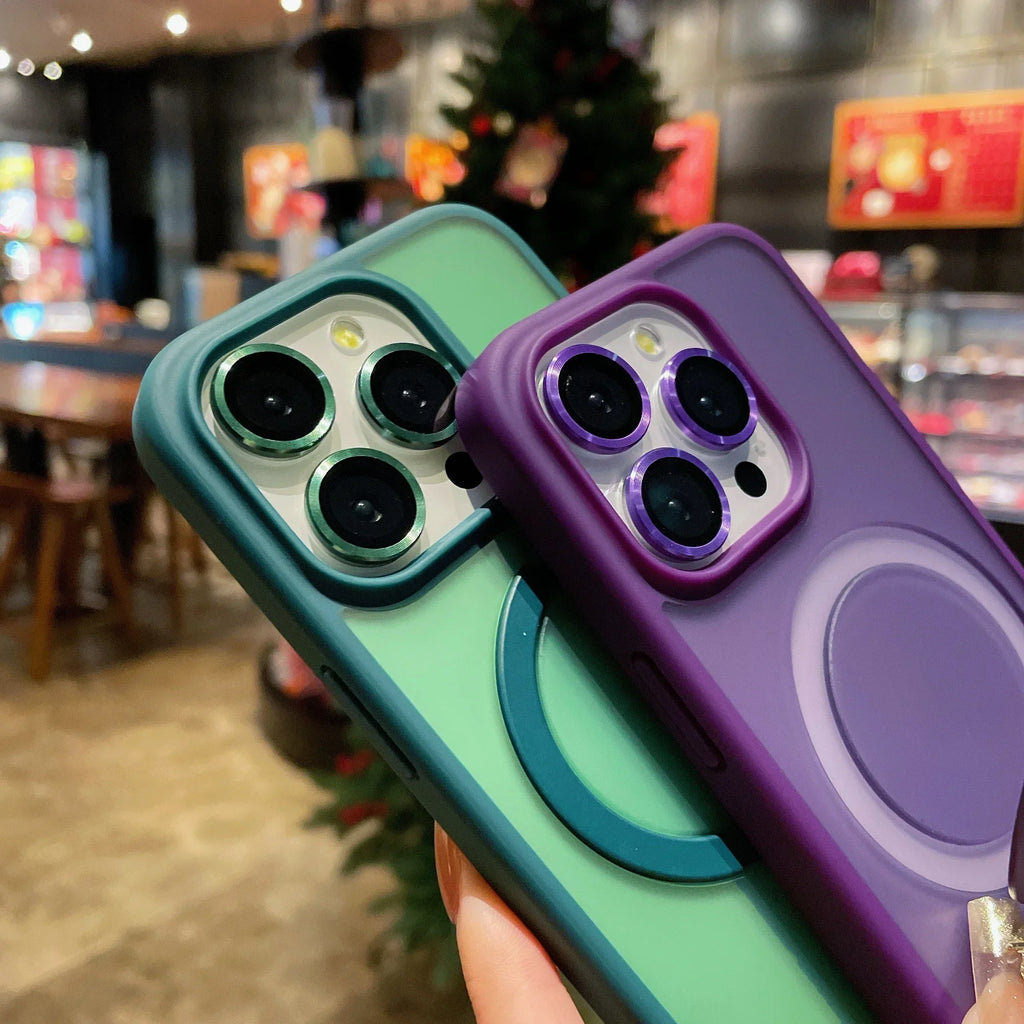 Matte Ring Holder Glass Lens Phone Case For iPhone 16 17 15 14 13 12 11 Pro Max For Magsafe Wireless Magnetic Hard Bumper Cover