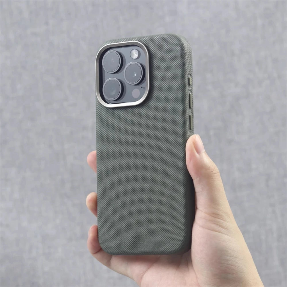 Luxury Alloy Lens Frame Particle PU Leather Magnetic Case For iPhone 17 16 Pro Max 15 14 13 For Magsafe Wireless Charging Cover
