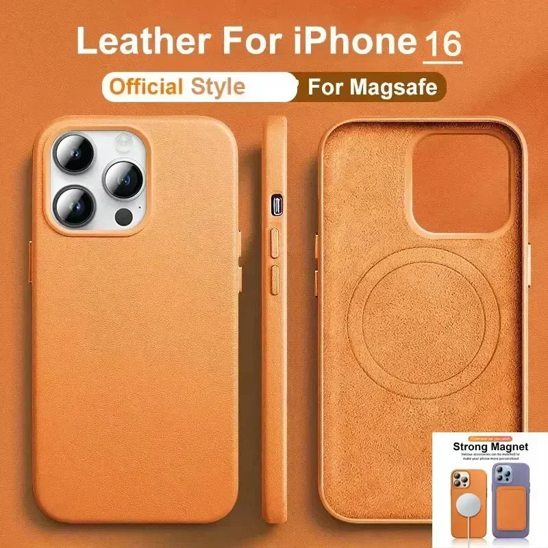 Luxury MagSafe Case for Apple iPhone 17 Pro Max 16 13 12 14 15 Plus Leather Official Style MacSafe Magnetic i Phone Cover Etui