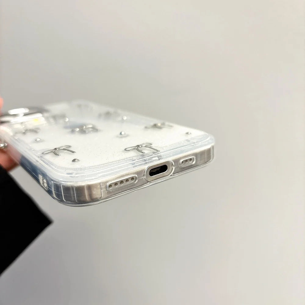 Cute 3D Metal Bowknot Star Phone Case For iPhone 15 Plus 11 12 13 14 Pro Max XR XS Max Epoxy Glitter Shell Girl Clear Soft Cover