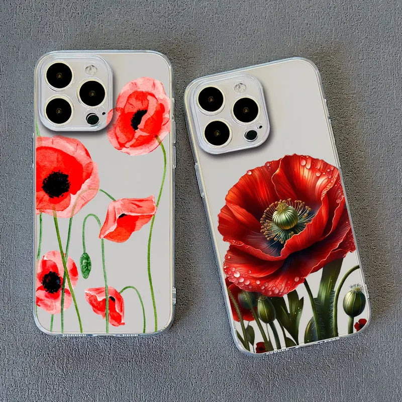 Poppy Flower Bloom Hot Red Clear Case For  iPhone 15 11 14 Pro Max 12 13 Pro Max Mini XS X XR SE 2020 7 8 Plus Transparent Cover
