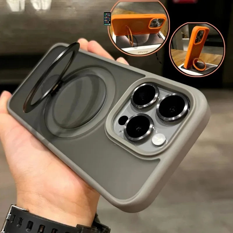 Matte Ring Holder Glass Lens Phone Case For iPhone 16 17 15 14 13 12 11 Pro Max For Magsafe Wireless Magnetic Hard Bumper Cover