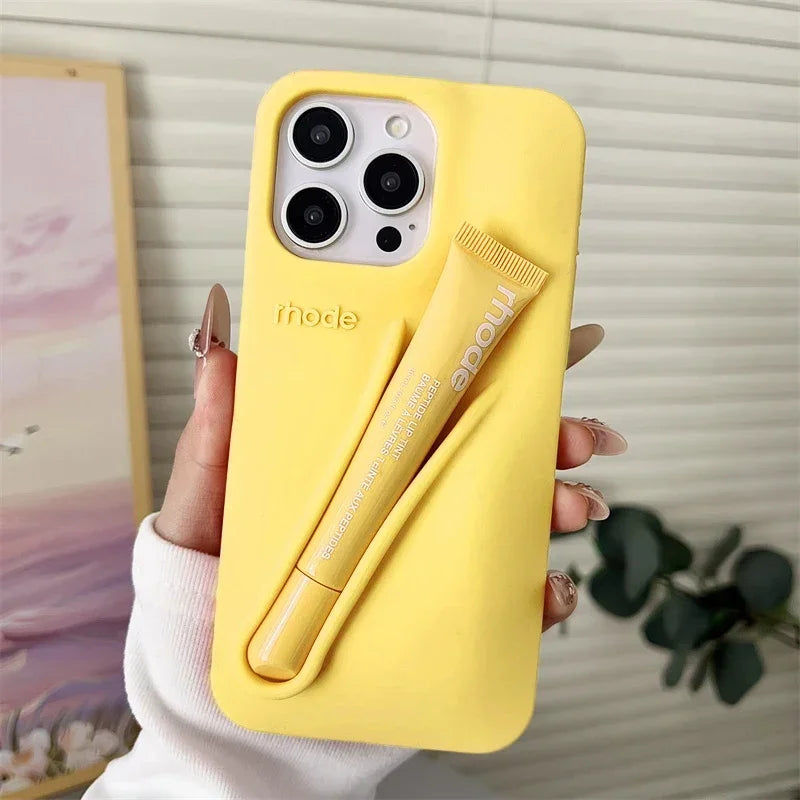 Lemontini Yellow Portable Lip Gloss Silicone Phone Case for IPhone 17 11 12 13 14 15 16 Pro Max Plus Lipstick Shockproof Cover﻿