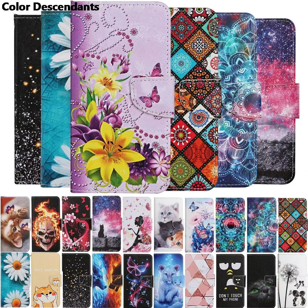 Painted Leather Case For iPhone 12 13 Pro Max mini SE 2020 15 Flip Wallet Card Slot Holder Phone Book Cover Flower Butterfly Cat