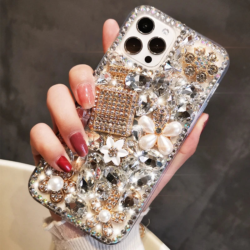 Luxury Bling Diamond Bottle Rhinestone Flower Case For Samsung A30 A50 A70S A22 A32 5G A52 A71 4G A51 A72 A73 A53 A33 Cover Case