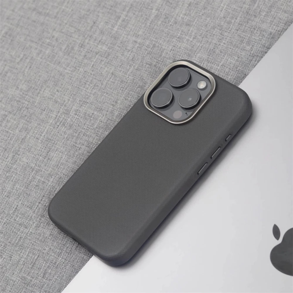 Luxury Alloy Lens Frame Particle PU Leather Magnetic Case For iPhone 17 16 Pro Max 15 14 13 For Magsafe Wireless Charging Cover