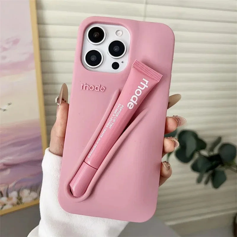 Lemontini Yellow Portable Lip Gloss Silicone Phone Case for IPhone 17 11 12 13 14 15 16 Pro Max Plus Lipstick Shockproof Cover﻿