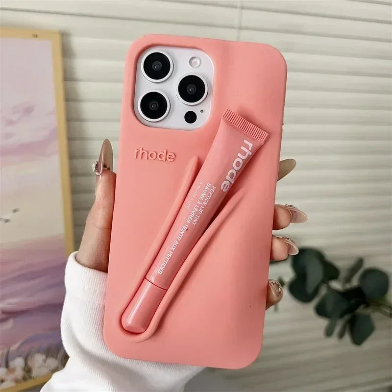 Lemontini Yellow Portable Lip Gloss Silicone Phone Case for IPhone 17 11 12 13 14 15 16 Pro Max Plus Lipstick Shockproof Cover﻿