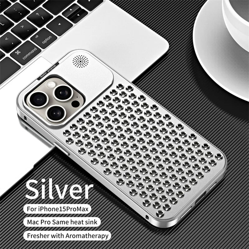 Metal aluminium Hollow Cooling Phone Case for iPhone 14 13 12 16 Pro Max 15 16 Plus Aromatherapy Diffuser Detachable Rear Cover