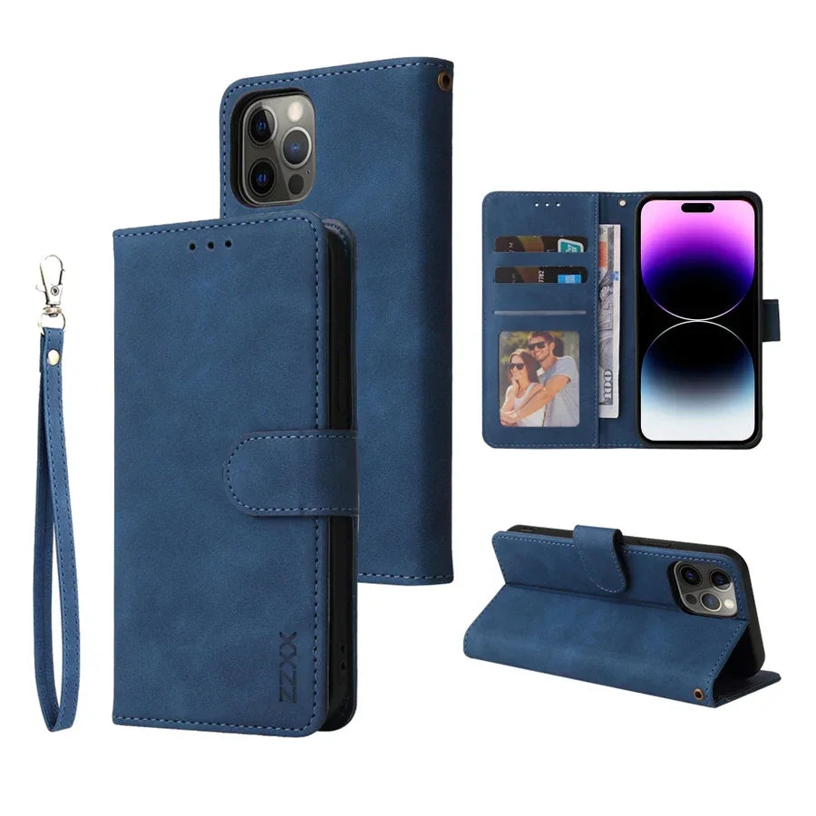 ZZXX Leather Wallet Phone Case For iPhone 16e 16 Pro Max 15 14 13 Mini 12 11 X XS XR SE2 8 7 6s Plus Flip Card Slot Holder Cover