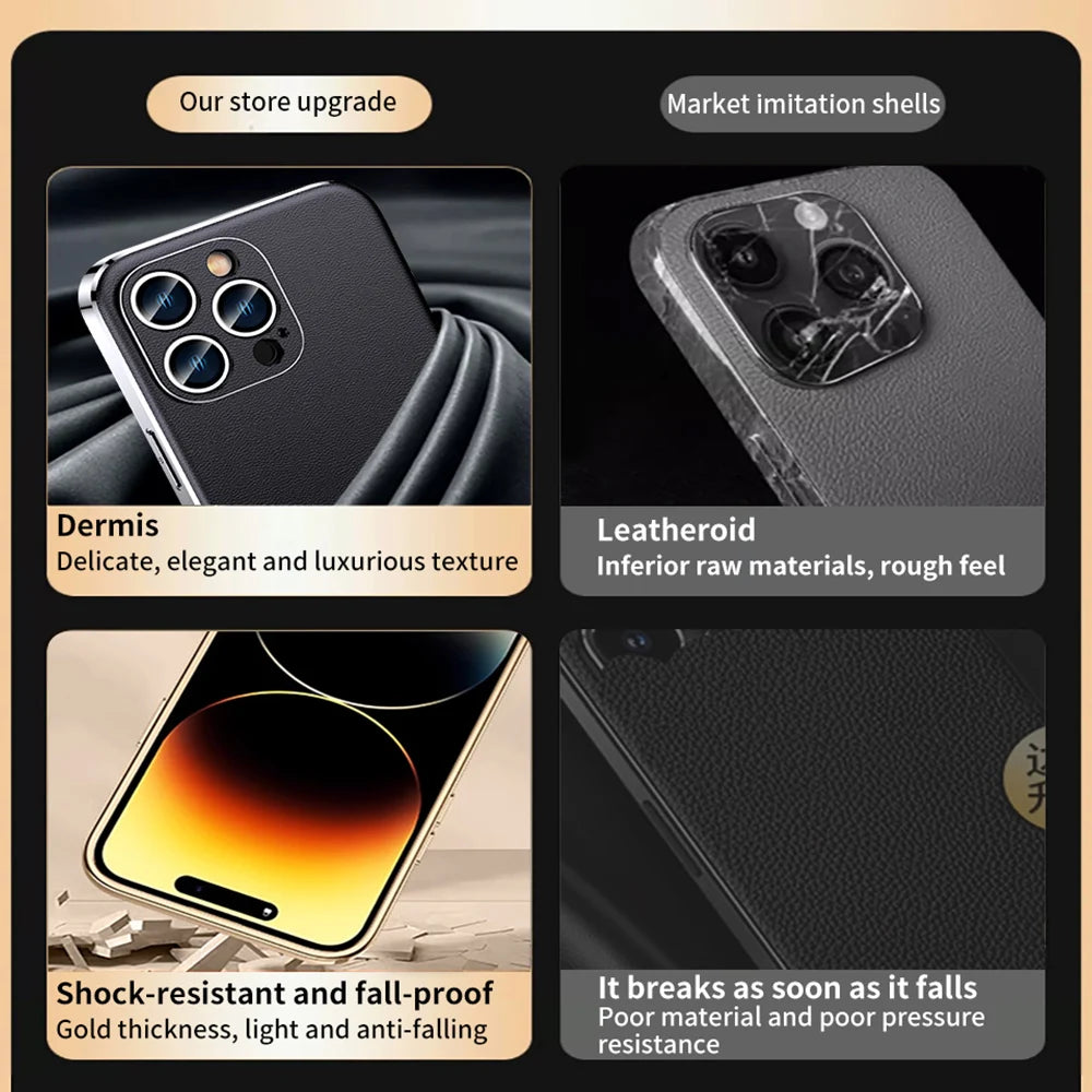 Genuine Cowhide Leather Phone Case for iPhone 16 14 11 12 13 15 Pro Max Plus 16Pro Luxury Plating Full Lens Protection Cover